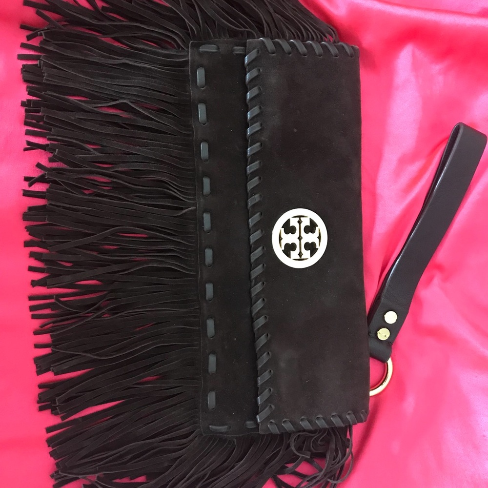 Tory Burch Chocolate Brown Suede Fringe Cluth Bag